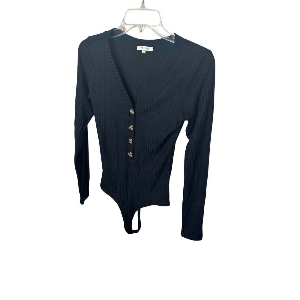 Z SUPPLY Ribbed V Neck Long Sleeve‎ Bodysuit Black Size Medium